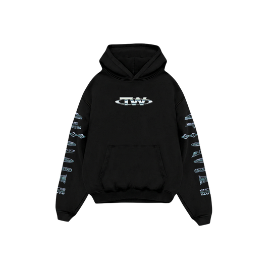 Black pullover hoodie featuring a TWICE logo printed on the front and band member names on the sleeves.