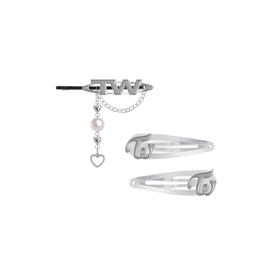 Metal hair pins including two different styles clips featuring TWICE logo designs with each pin measuring 3” wide.