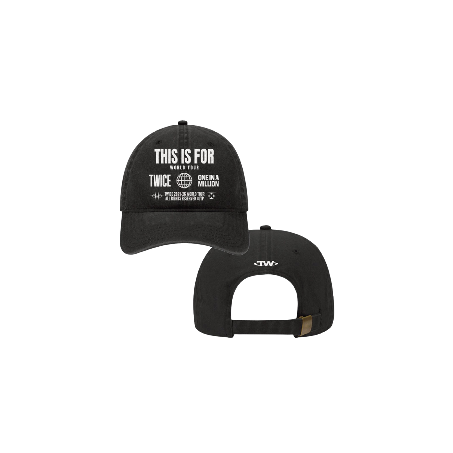 Black denim dad hat with TWICE THIS IS FOR WORLD TOUR design embroidered on the front with TWICE logo embroidered on the back with an adjustable brass closure.