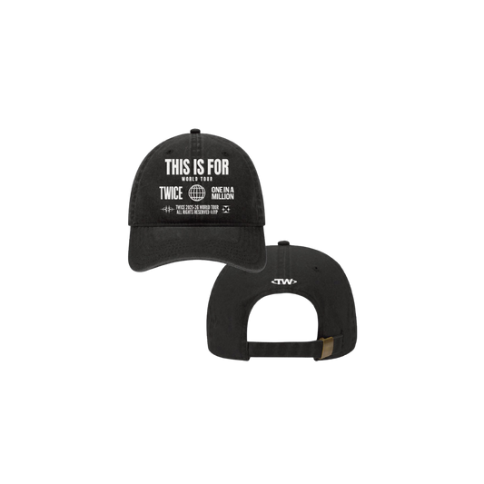 Black denim dad hat with TWICE THIS IS FOR WORLD TOUR design embroidered on the front with TWICE logo embroidered on the back with an adjustable brass closure.