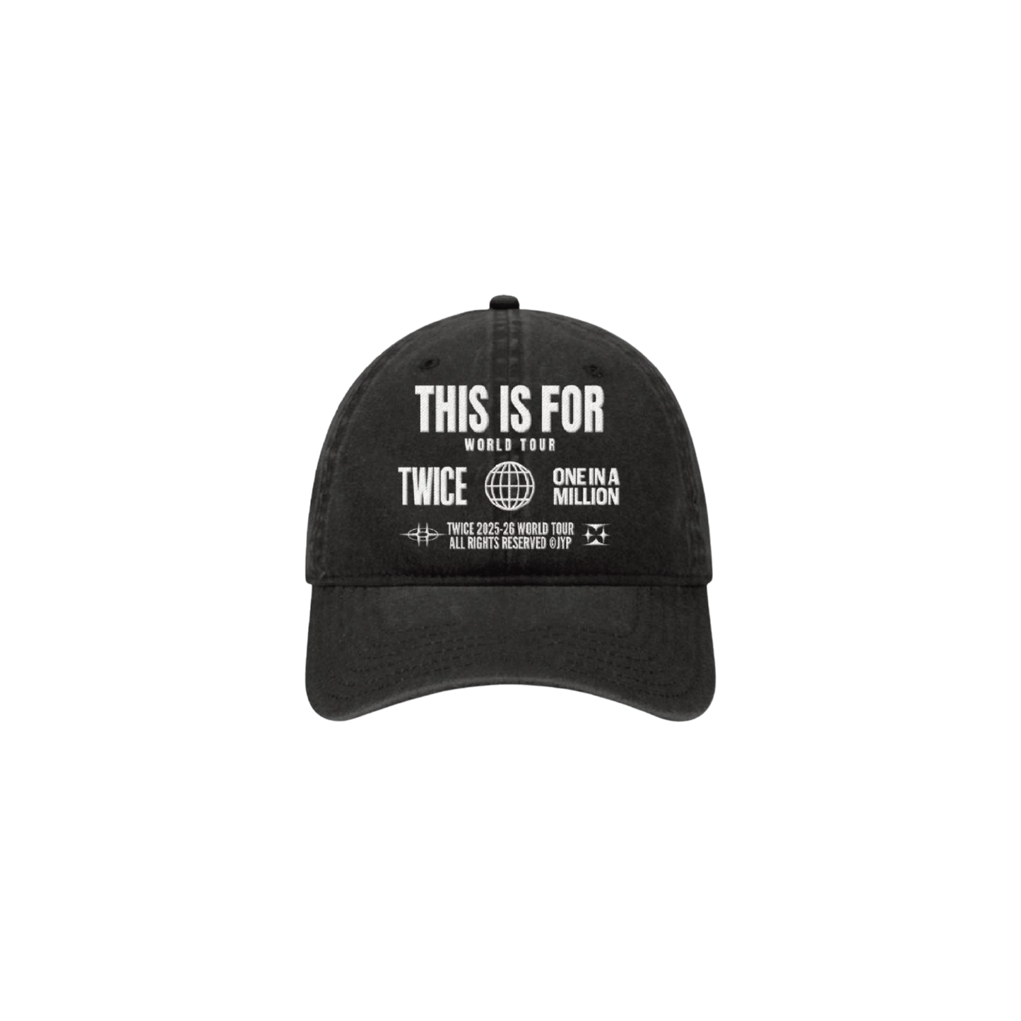 Black denim dad hat with TWICE THIS IS FOR WORLD TOUR design embroidered on the front.