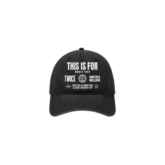 Black denim dad hat with TWICE THIS IS FOR WORLD TOUR design embroidered on the front.