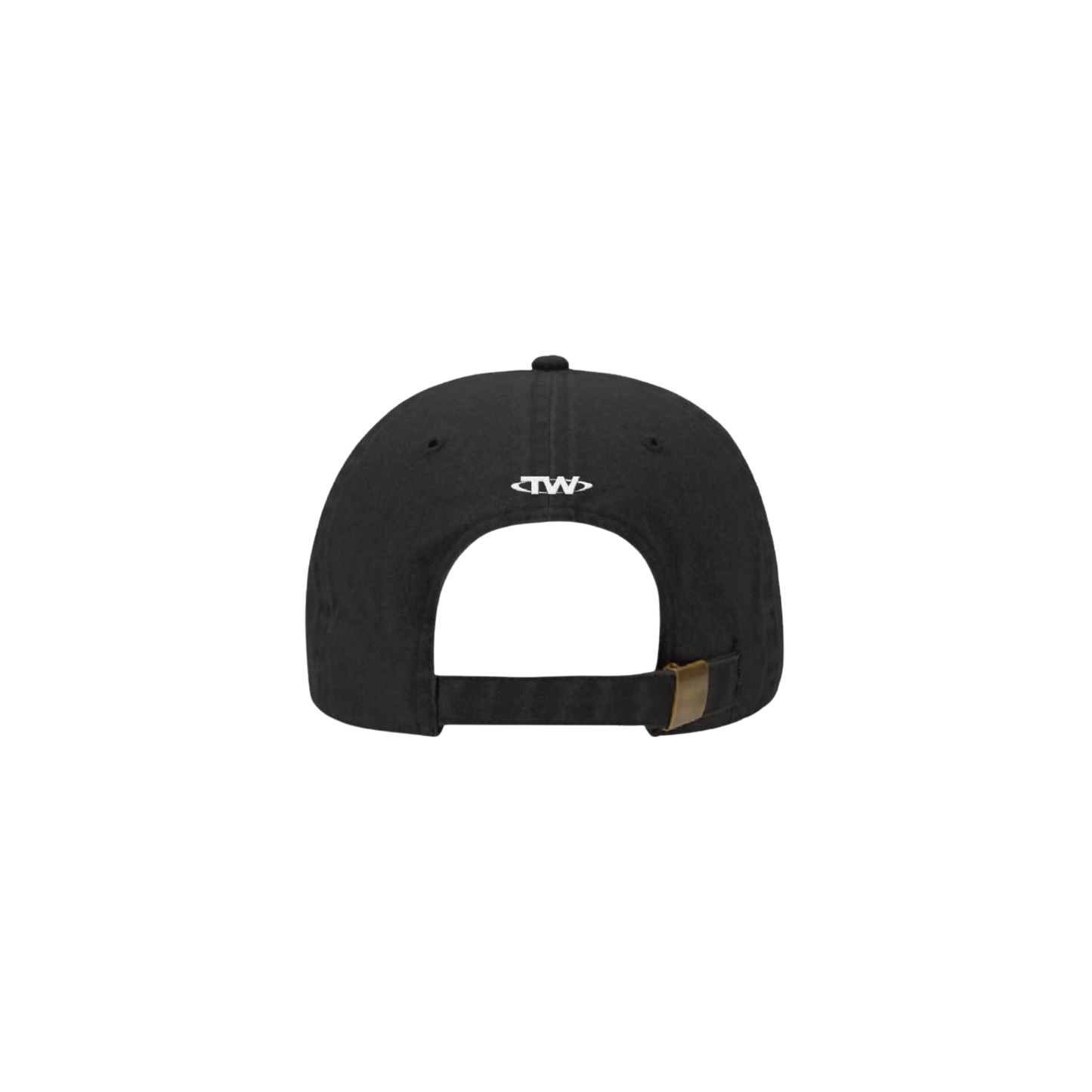Black denim dad hat with TWICE logo embroidered on the back with an adjustable brass closure.