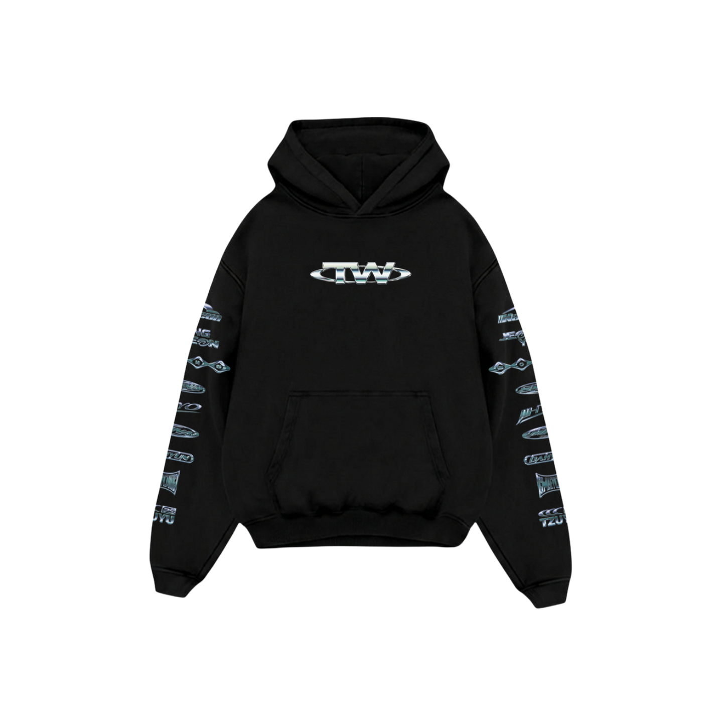 Black pullover hoodie featuring a TWICE logo printed on the front and band member names on the sleeves.