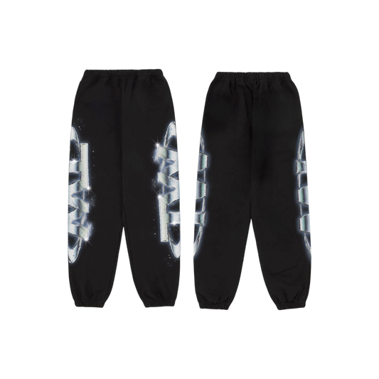 Black unisex sweatpants featuring a TWICE logo printed on the side of each leg.