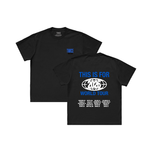 Black t-shirt featuring TWICE THIS IS FOR printed on the front and THIS IS FOR WORLD TOUR 2026 with North America tour cities printed on the back in blue and white.