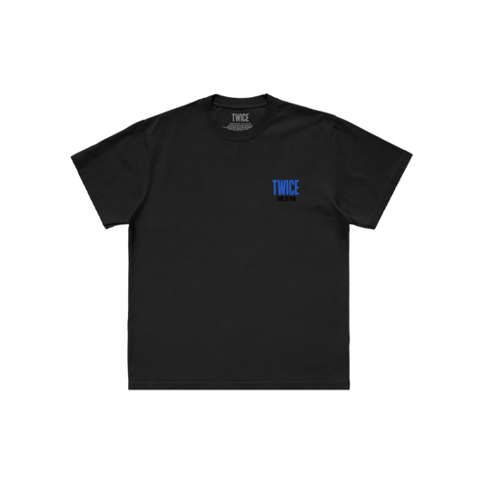 Black t-shirt featuring TWICE THIS IS FOR printed on the front left chest.