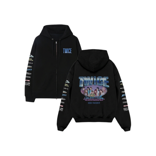 Black zip up hoodie featuring a TWICE logo printed on the front, band member names on the sleeves, and a photo design printed on the back.