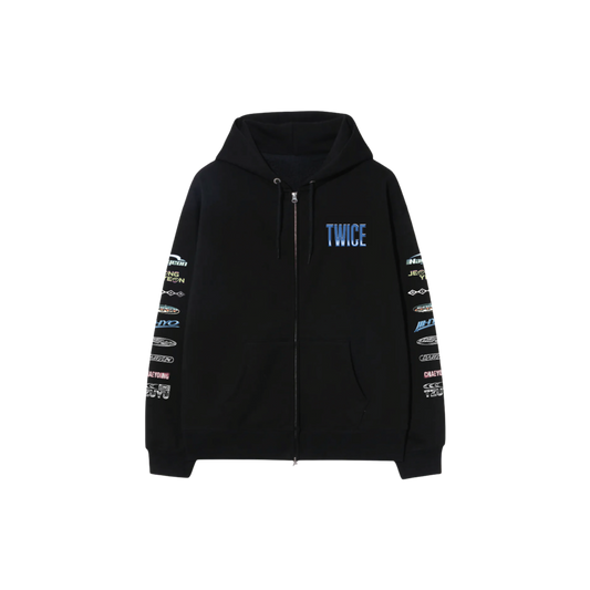 Black zip up hoodie featuring a TWICE logo printed on the front and band member names on the sleeves.