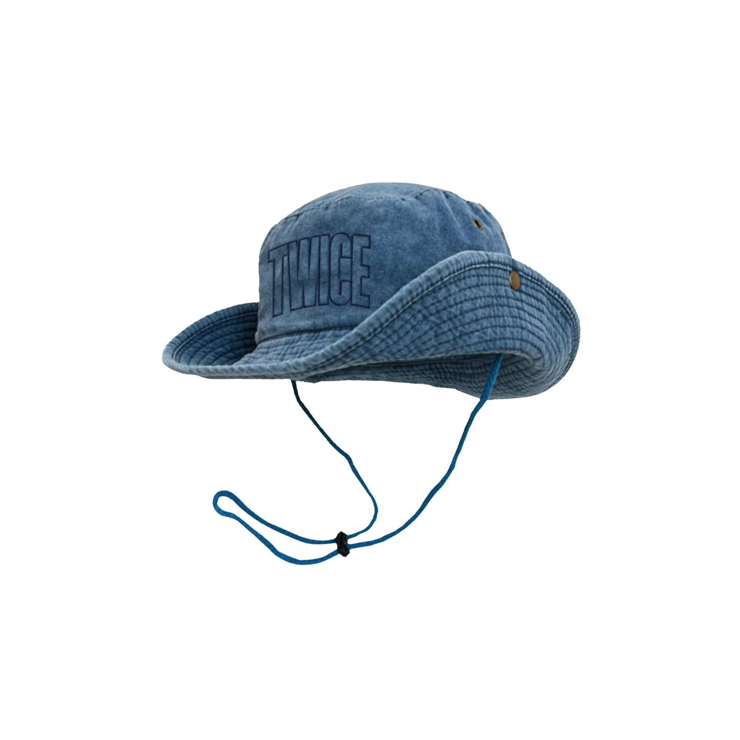 Denim bucket hat with snap buttons on the side and chin strap with cord lock. TWICE logo embroidered in navy blue on the front.