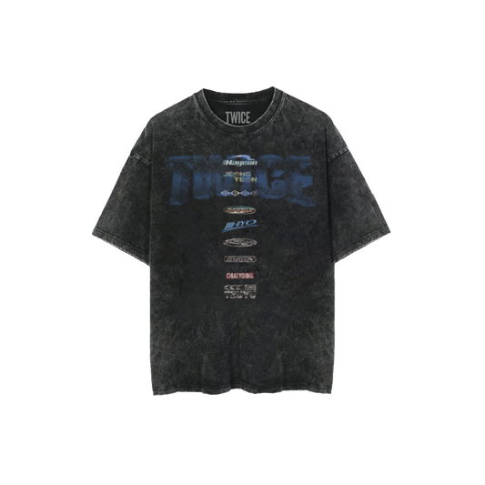 Charcoal mineral washed unisex t-shirt with TWICE and band member names printed on the front.