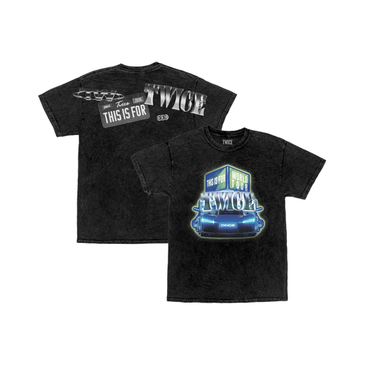 Charcoal mineral washed t-shirt featuring a TWICE THIS IS FOR WORLD TOUR car design printed on the front and various TWICE logo styles printed on the upper back.