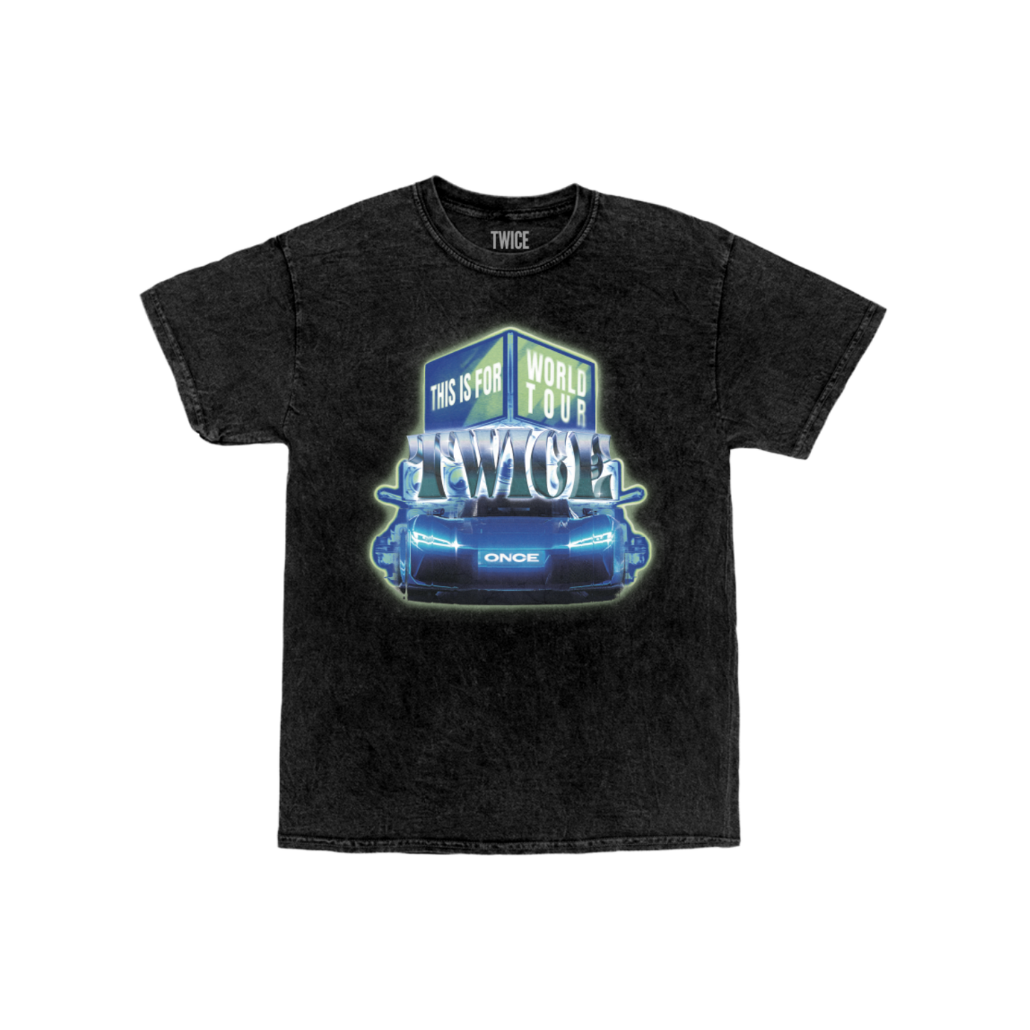 Charcoal mineral washed t-shirt featuring a TWICE THIS IS FOR WORLD TOUR car design printed on the front.