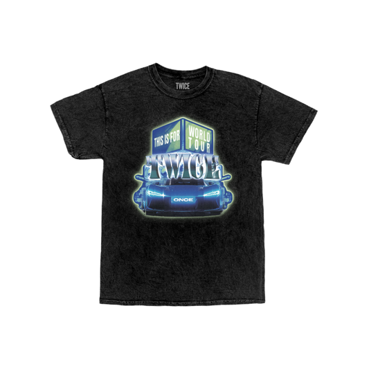 Charcoal mineral washed t-shirt featuring a TWICE THIS IS FOR WORLD TOUR car design printed on the front.