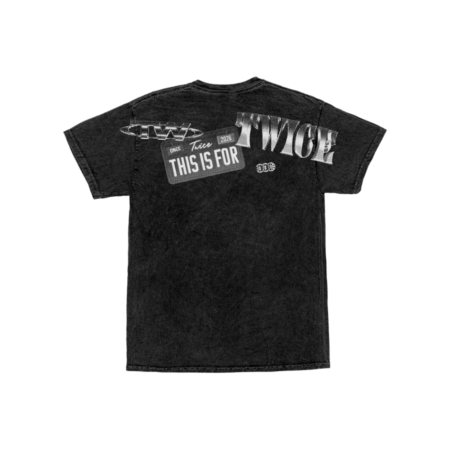Charcoal mineral washed t-shirt featuring various TWICE logo styles printed on the upper back.