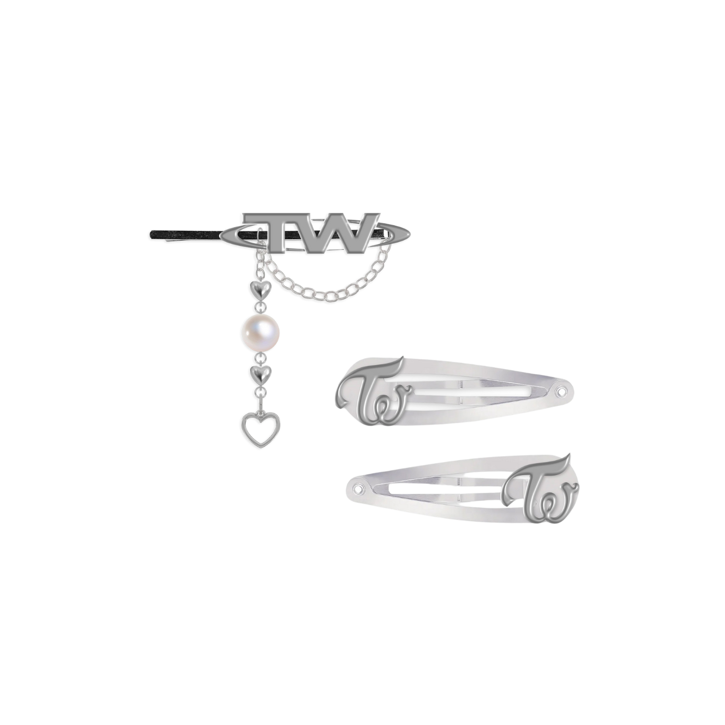 Metal hair pins including two different styles clips featuring TWICE logo designs with each pin measuring 3” wide.