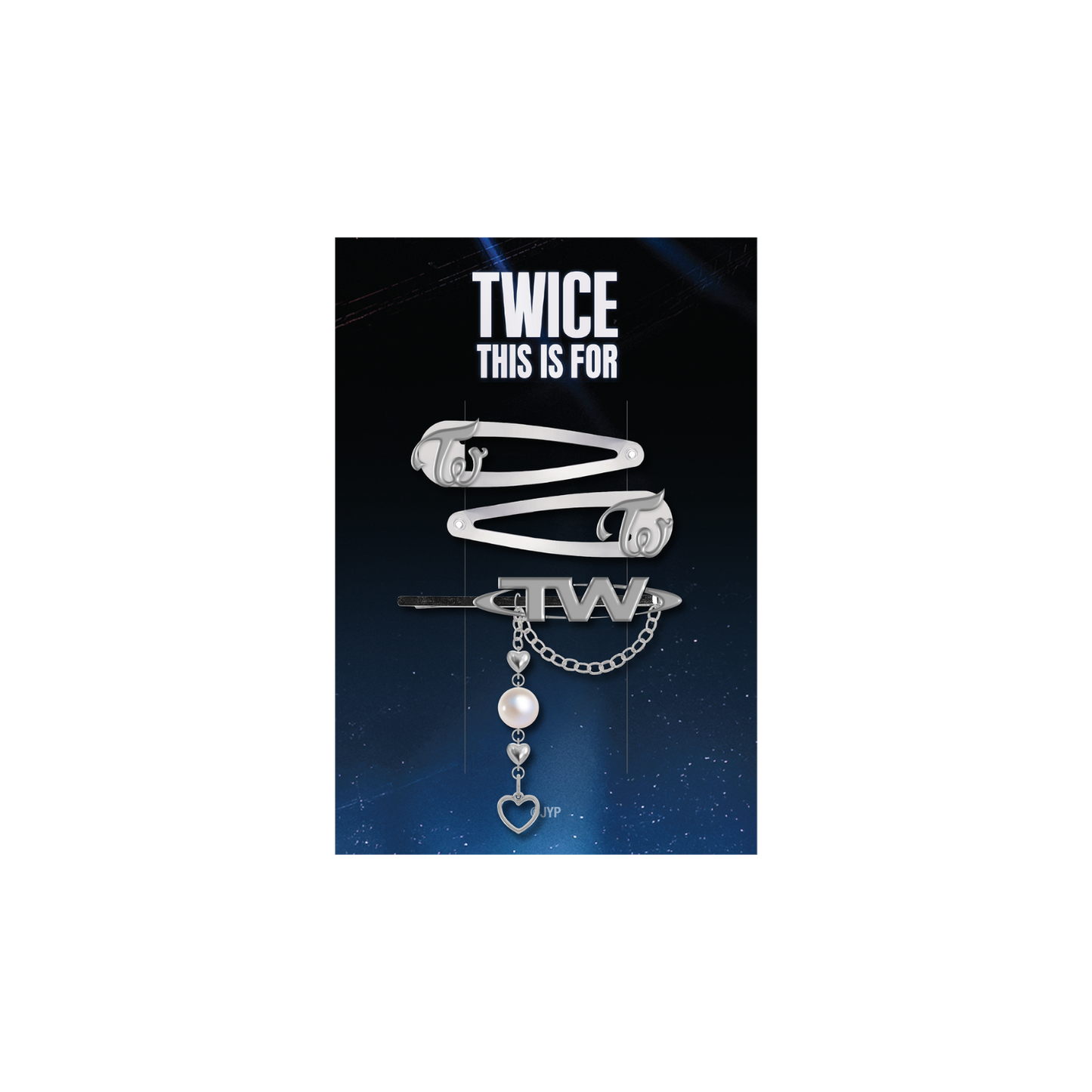 Three metal hair pins including two different styles clips featuring TWICE logo designs with each pin measuring 3” wide and placed on a TWICE branded backing card.