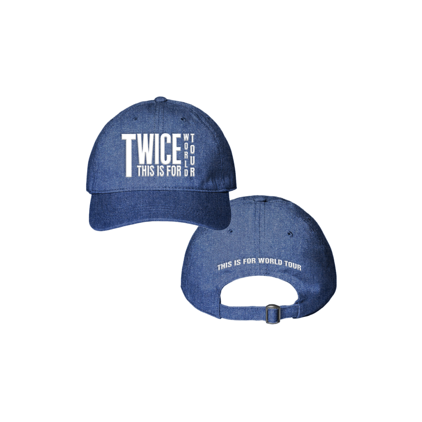 Navy denim dad hat with TWICE THIS IS FOR WORLD TOUR embroidered on the front and THIS IS FOR WORLD TOUR on the back.