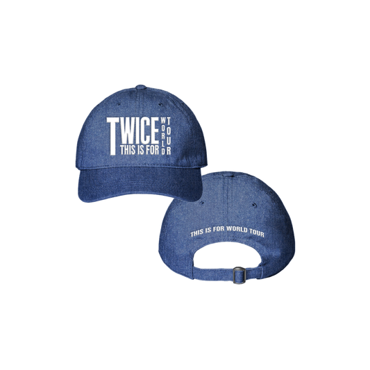 Navy denim dad hat with TWICE THIS IS FOR WORLD TOUR embroidered on the front and THIS IS FOR WORLD TOUR on the back.