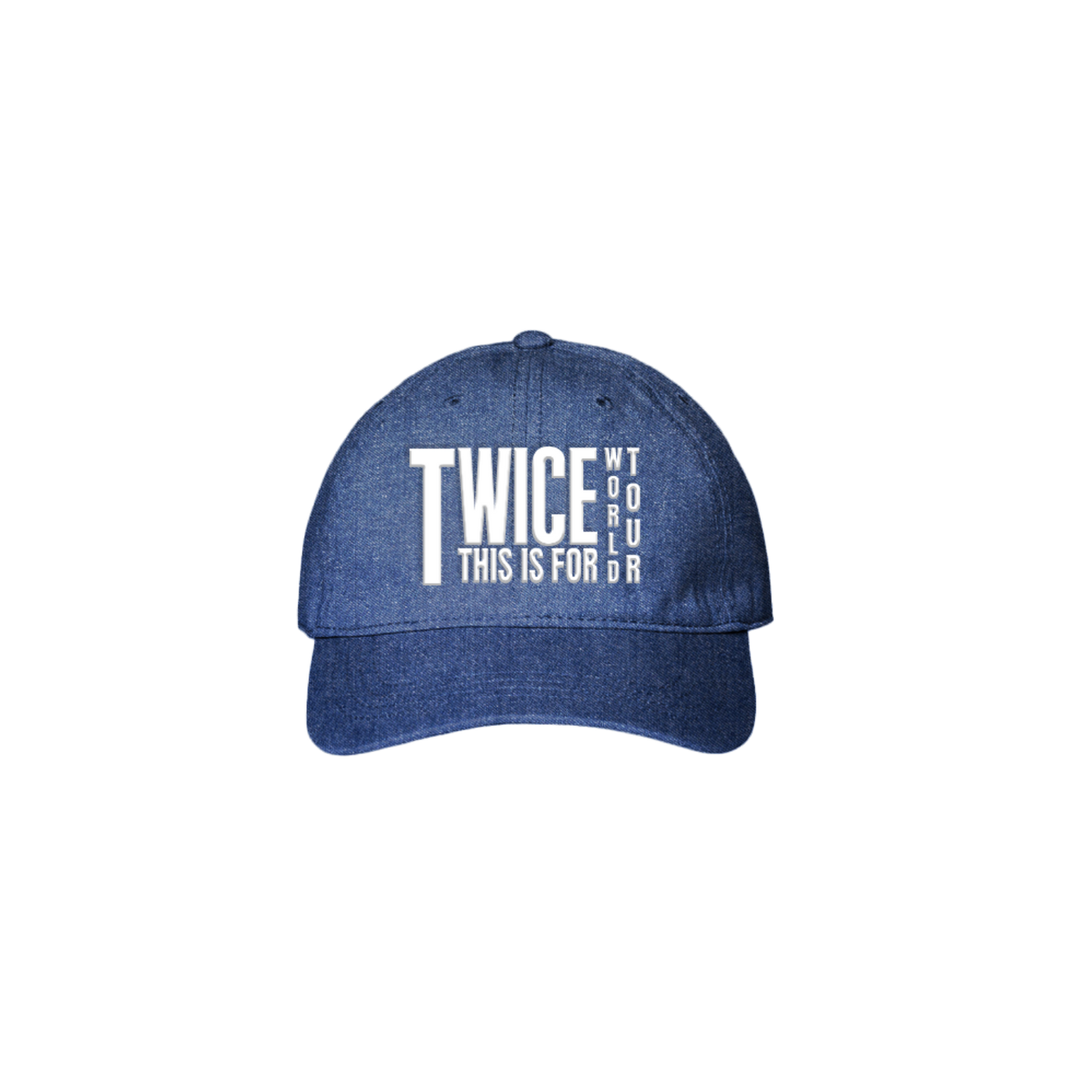 Navy denim dad hat with TWICE THIS IS FOR WORLD TOUR embroidered on the front in white.