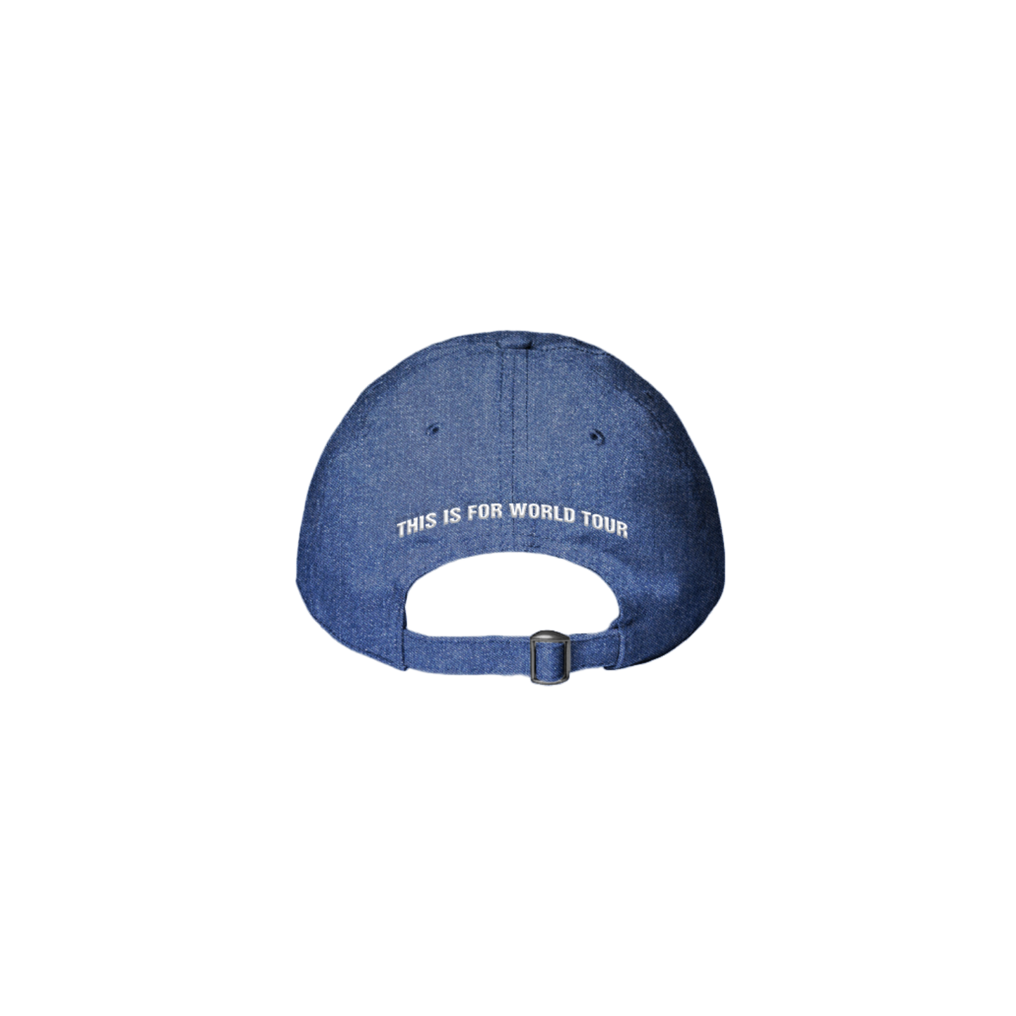 Navy denim dad hat with THIS IS FOR WORLD TOUR embroidered on the back in white.