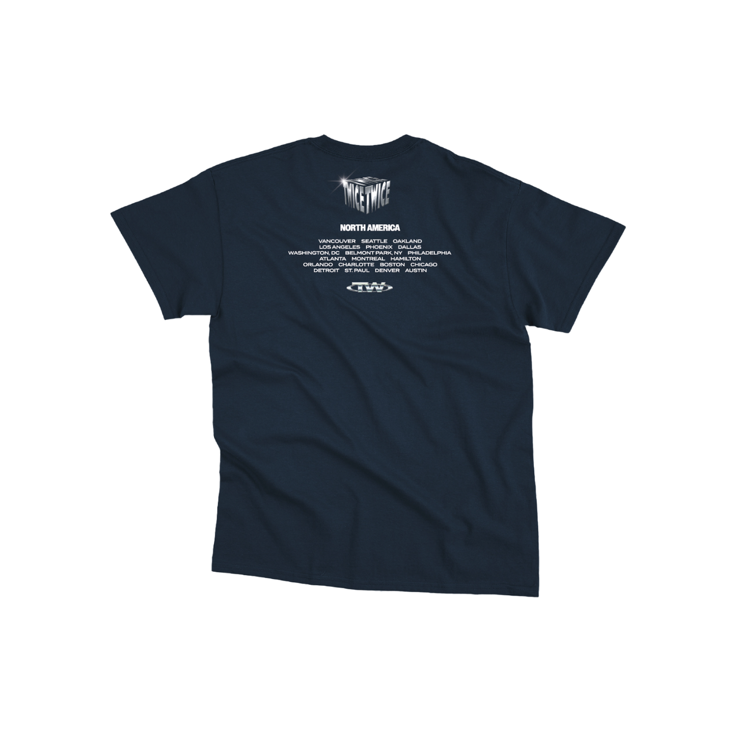 Navy t-shirt featuring a TWICE logo and North America tour cities printed on the back.