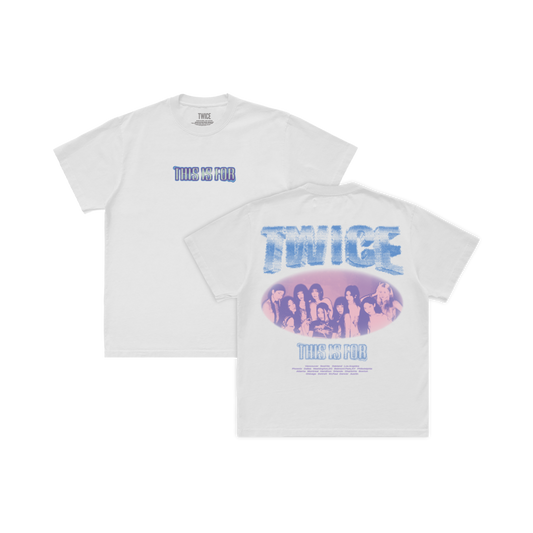White t-shirt featuring THIS IS FOR printed on the front and a TWICE band photo design with North America tour cities printed on the back.