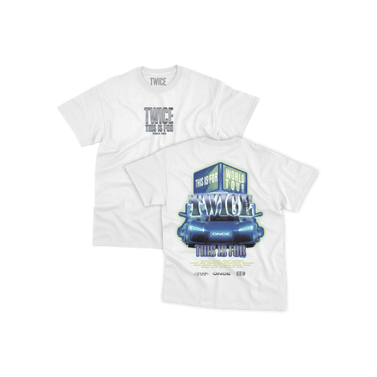 White t-shirt featuring a TWICE THIS IS FOR WORLD TOUR design printed on the front and North America tour cities printed on the back.