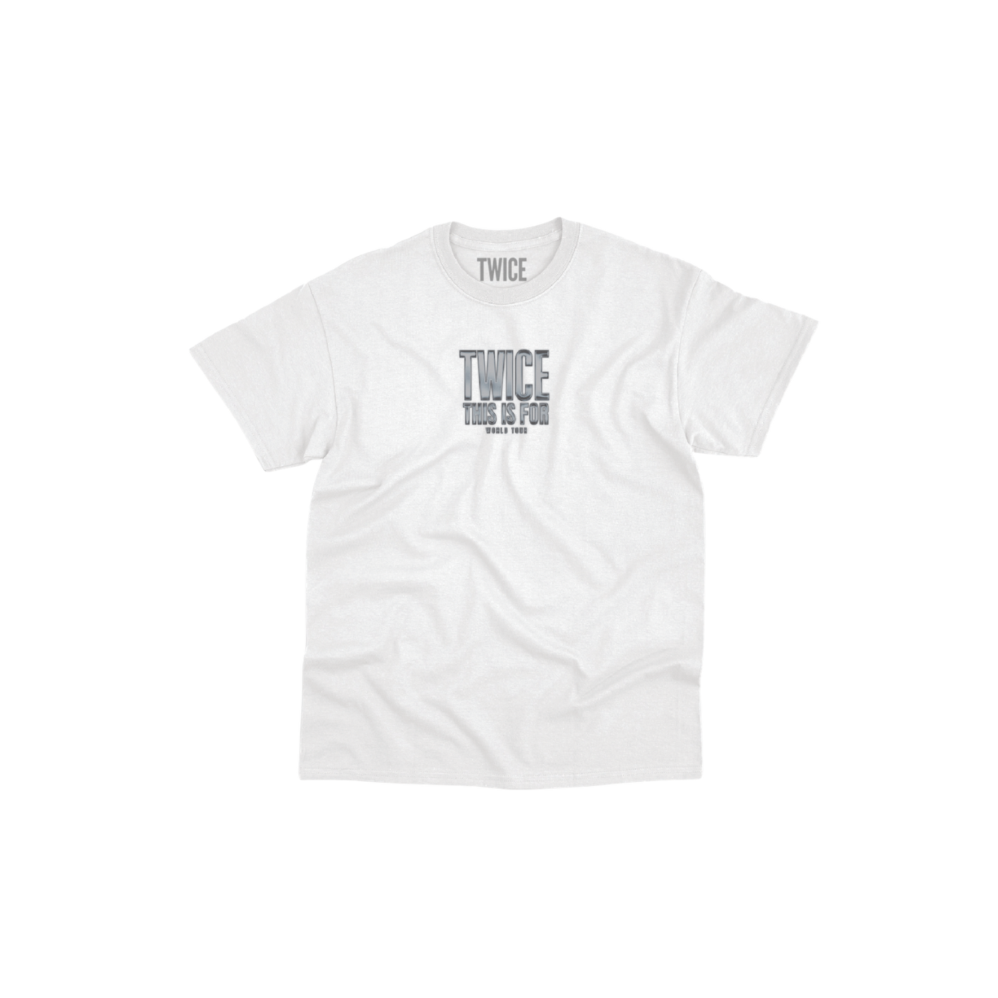 White t-shirt featuring a TWICE THIS IS FOR WORLD TOUR design printed on the front and North America tour cities printed on the back.