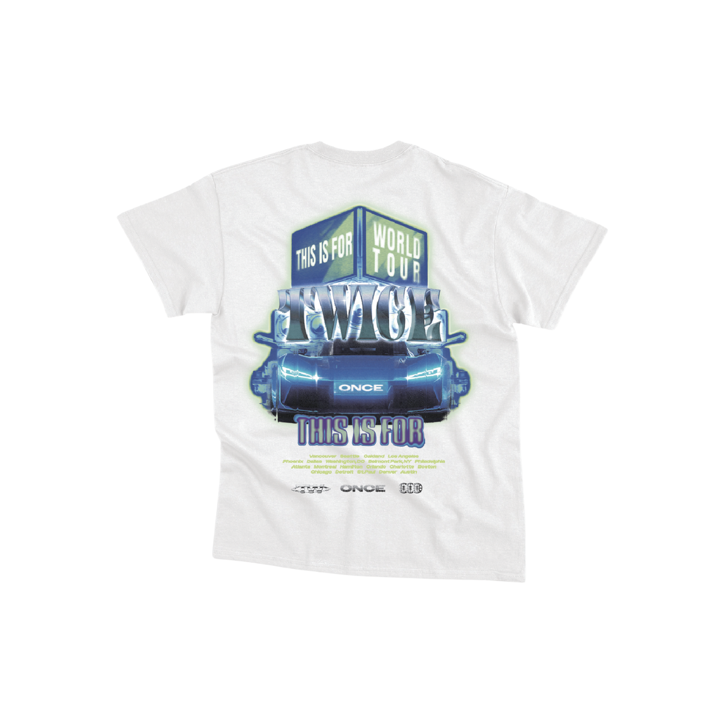 White t-shirt featuring a TWICE THIS IS FOR WORLD TOUR design printed on the front and North America tour cities printed on the back.